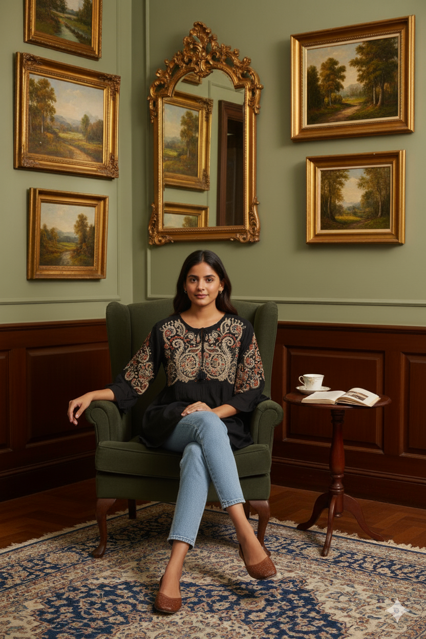 Black Cotton Hand-Embroidered Top for Women – Ethnic Boho Tunic with 3/4 Flared Sleeves