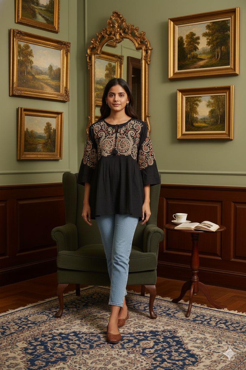 Black Cotton Hand-Embroidered Top for Women – Ethnic Boho Tunic with 3/4 Flared Sleeves
