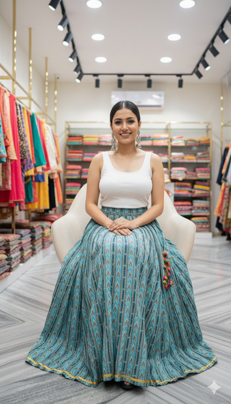 Turquoise Blue Handblock Printed Cotton Skirt for Women – Flared Long Skirt with Arrow Motifs and Tassel Detailing