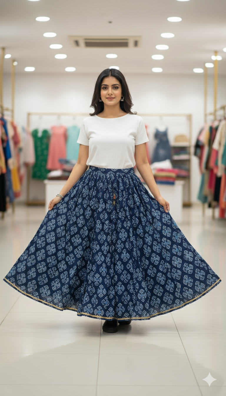 Indigo Blue Handblock Printed Cotton Skirt for Women – Flared Long Ethnic Skirt with Golden Border