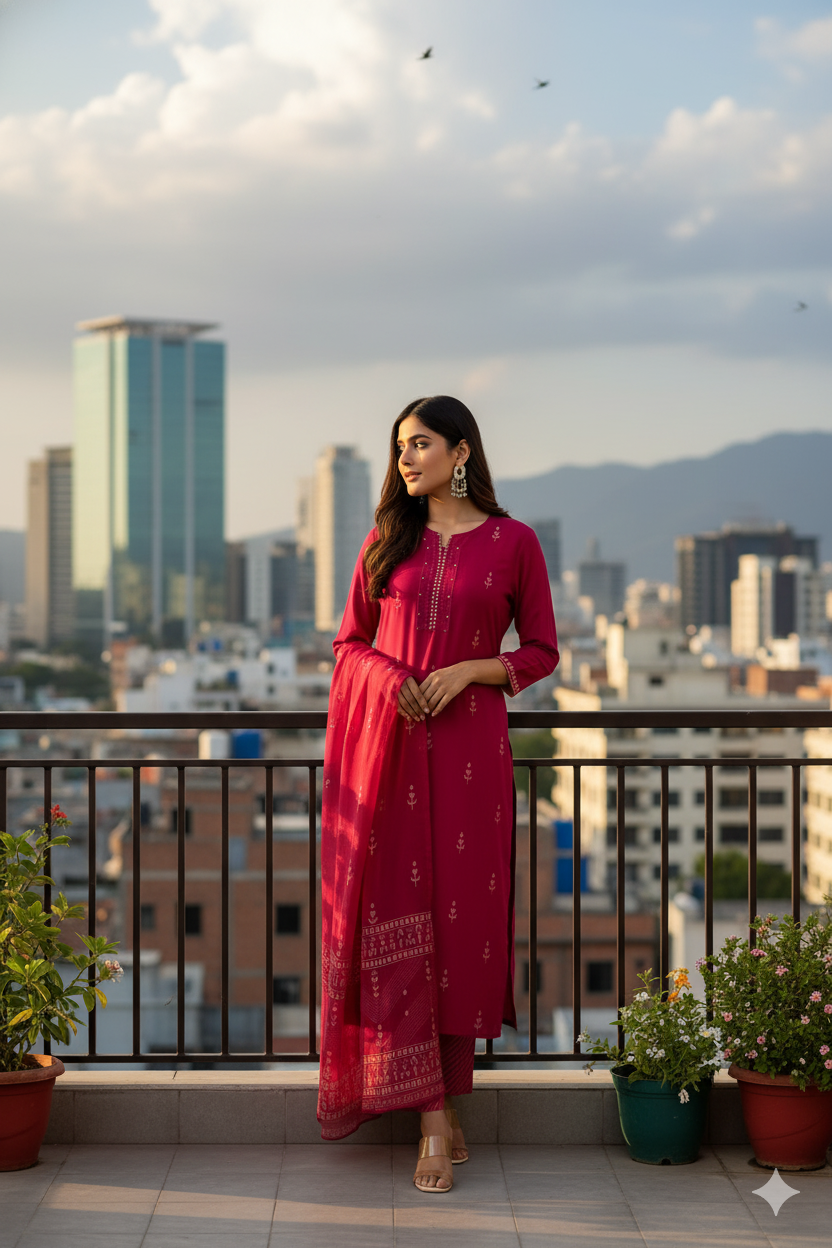 Magenta Pink Cotton Embroidered Kurti Set for Women with Dupatta – Elegant Festive 3-Piece Outfit