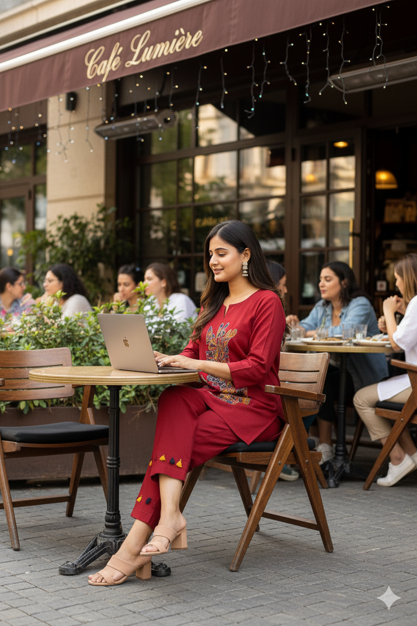 Red Cotton Embroidered Kurti Set for Women – Artistic Handcrafted Two-Piece Co-ord Set