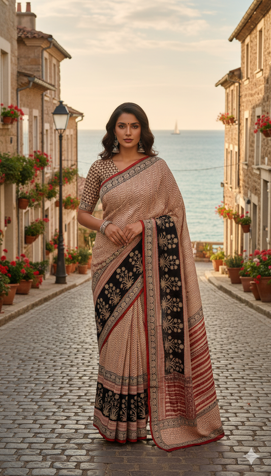Beige & Black Cotton Malmal Hand Block Print Saree with Blouse – 5.5m Saree + 80cm Blouse Piece | Soft Lightweight Traditional Saree for Women