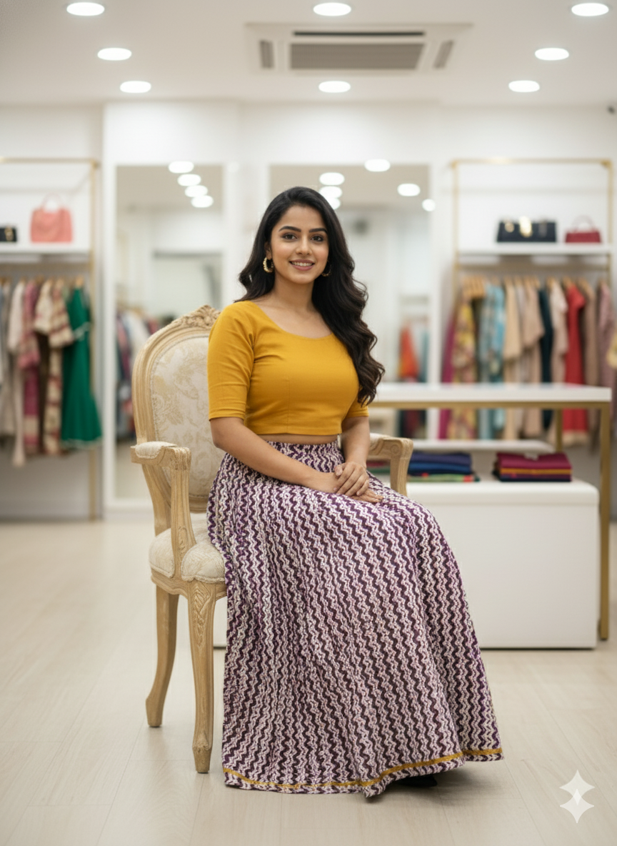 Purple Zigzag Handblock Printed Cotton Long Skirt for Women – Flared Ethnic Boho Skirt with Golden Border