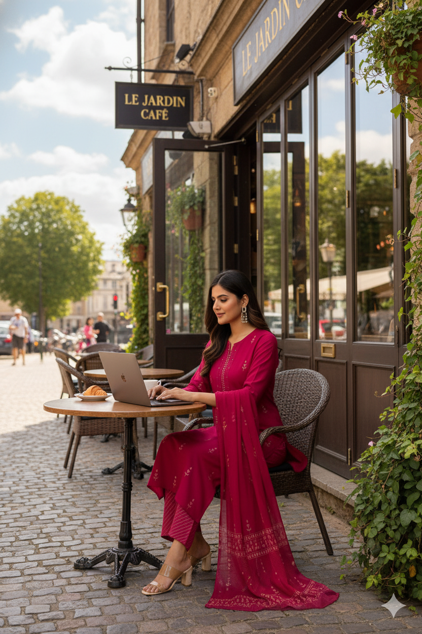 Magenta Pink Cotton Embroidered Kurti Set for Women with Dupatta – Elegant Festive 3-Piece Outfit