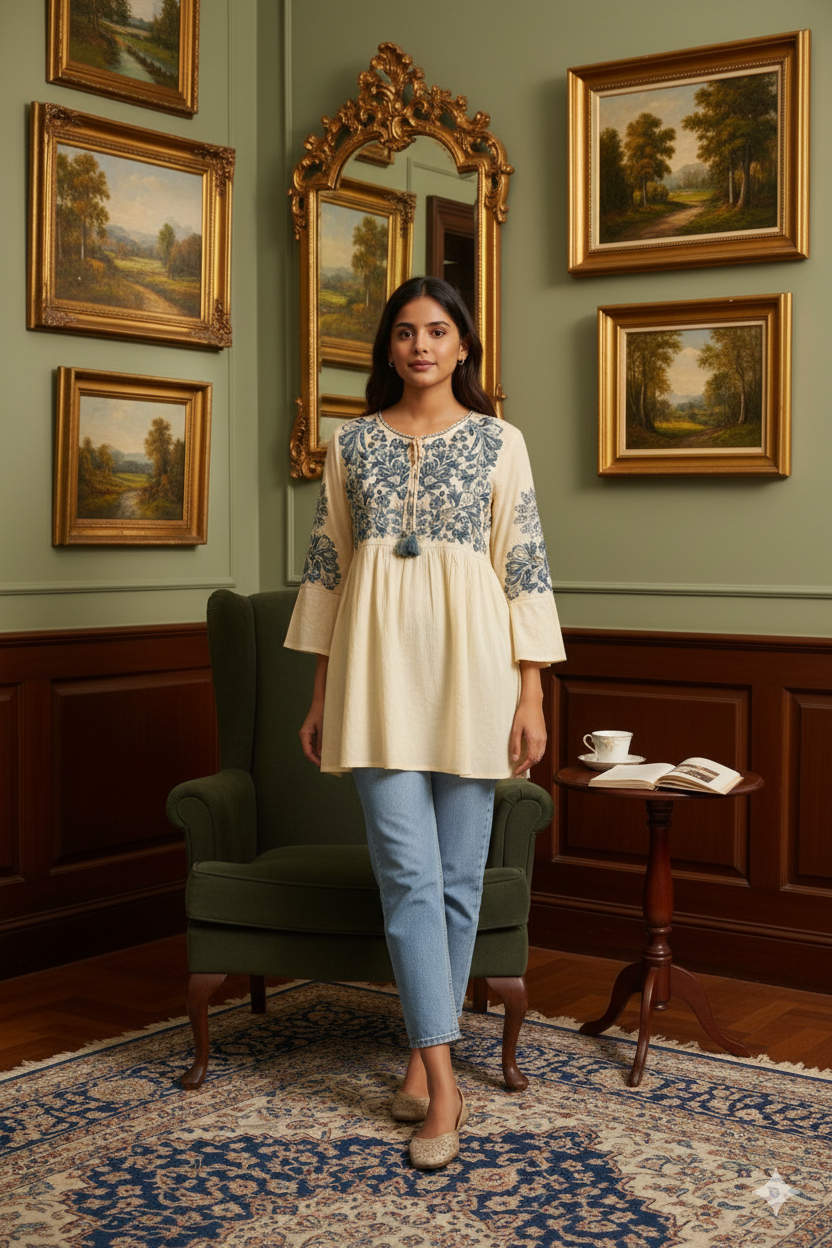 Cream Cotton Hand-Embroidered Boho Top for Women – Elegant Floral Tunic with Flared Sleeves