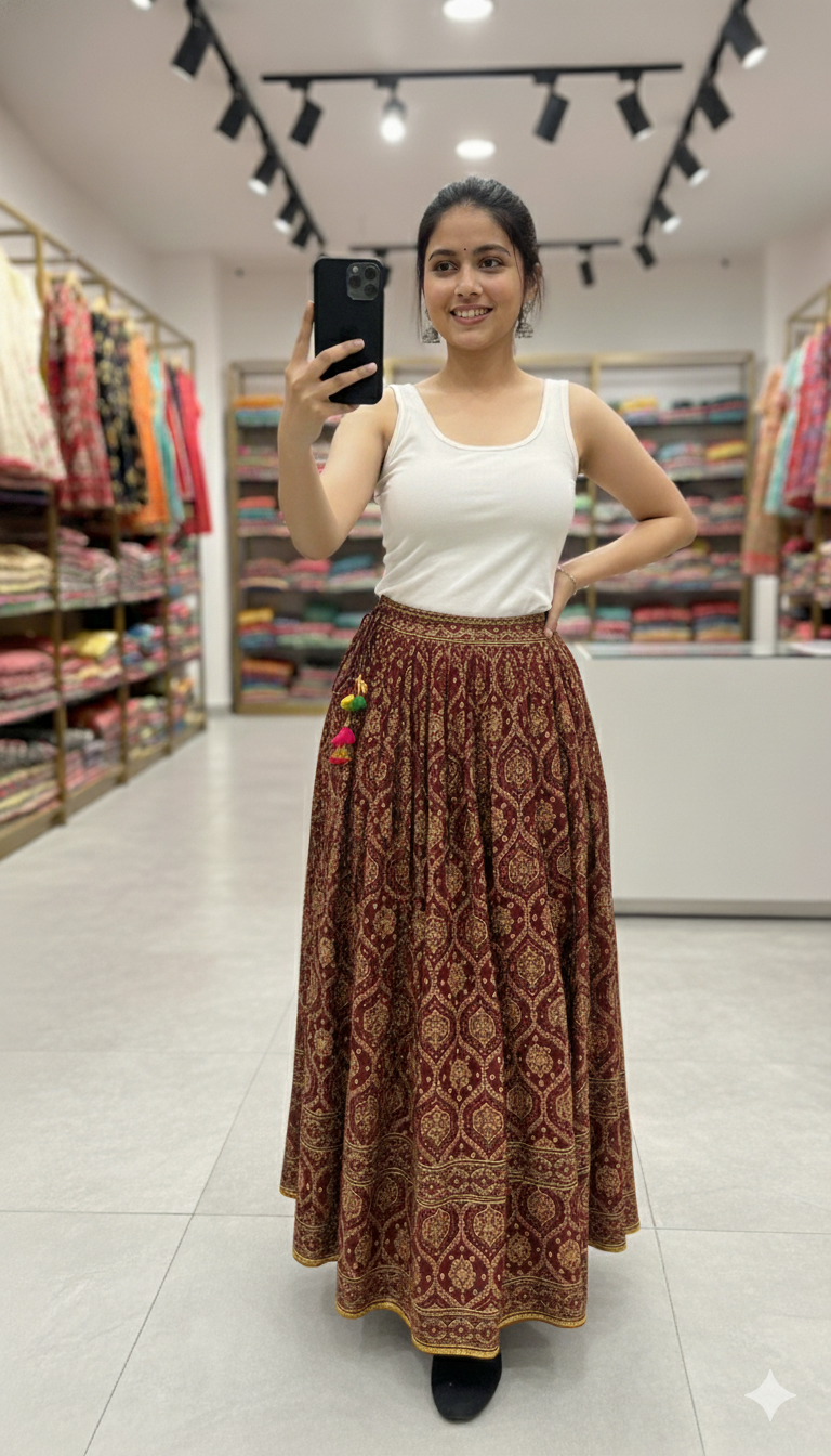 Maroon and Mustard Handblock Printed Cotton Skirt for Women – Traditional Flared Long Skirt with Golden Border