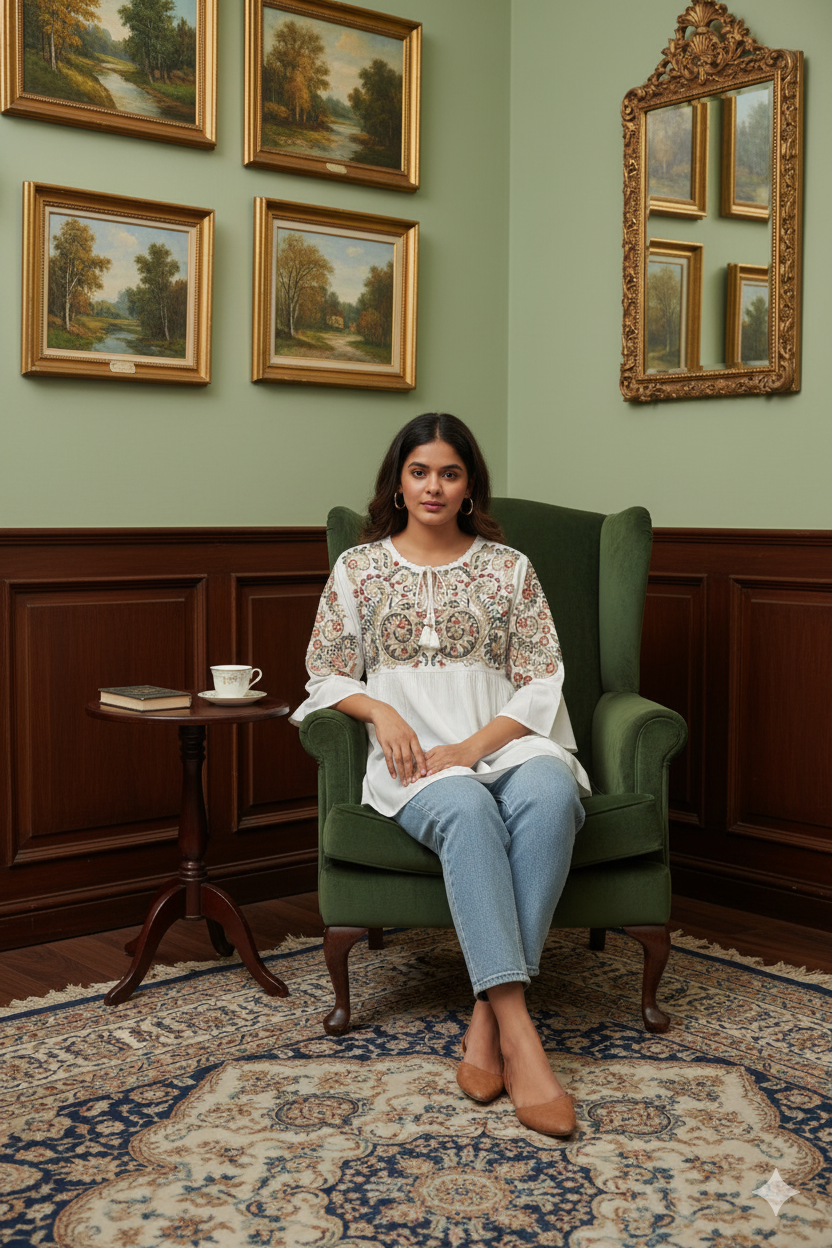 regenerate this image this women stand and give models like pose look aesthtics  at home and walls colours like old money   give full body image and dont change women and clothes design give as well as same