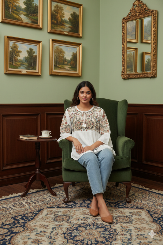 regenerate this image this women stand and give models like pose look aesthtics  at home and walls colours like old money   give full body image and dont change women and clothes design give as well as same