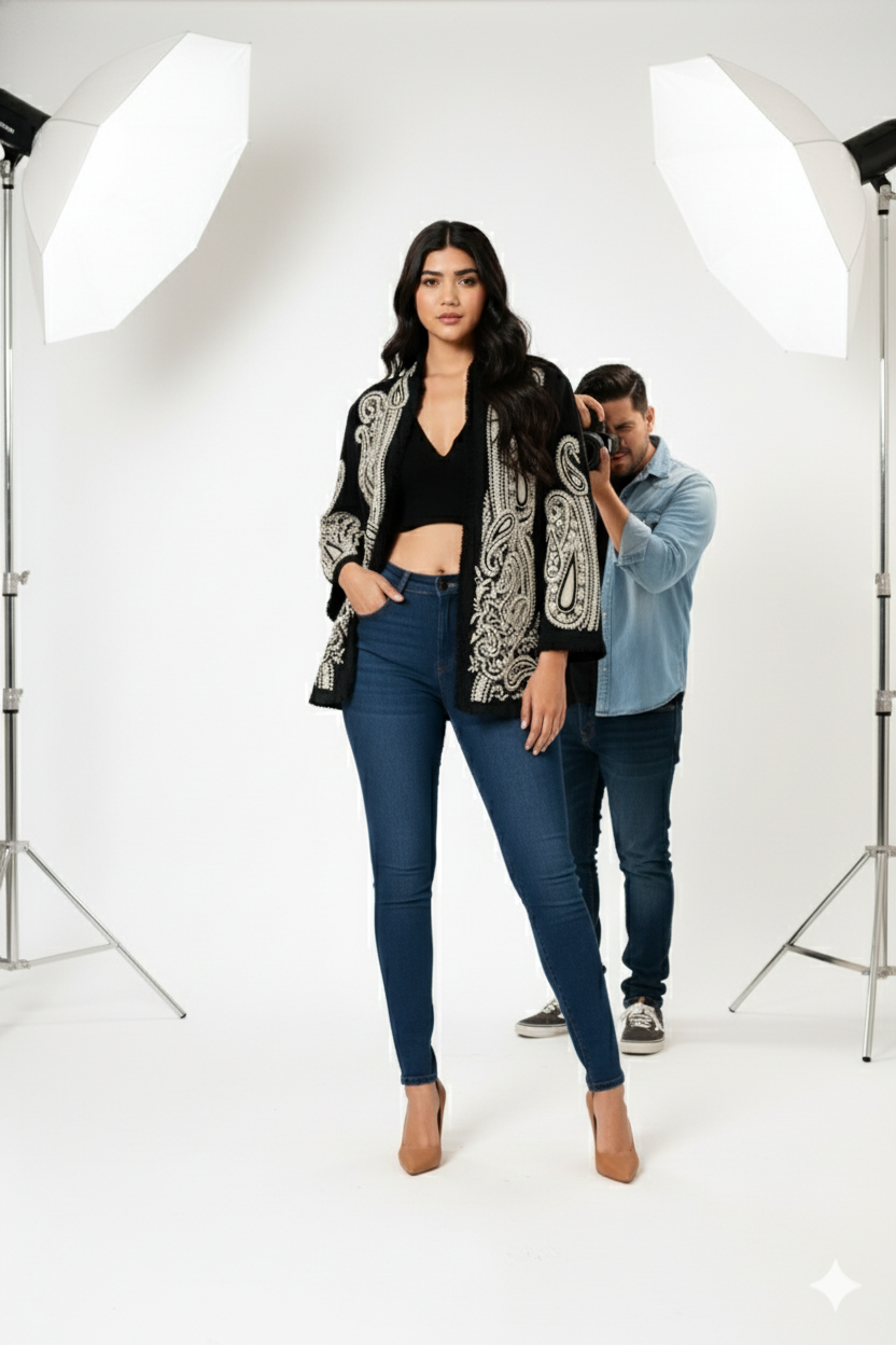 Black Embroidered Open Front Jacket for Women – Elegant Boho Chic Layer | Natural Fab