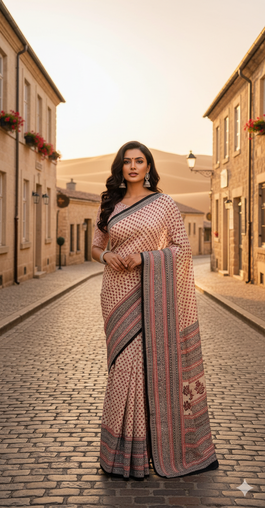 Beige & Maroon Cotton Malmal Hand Block Print Saree with Blouse – 5.5m Saree + 80cm Blouse Piece | Soft Lightweight Traditional Saree for Women