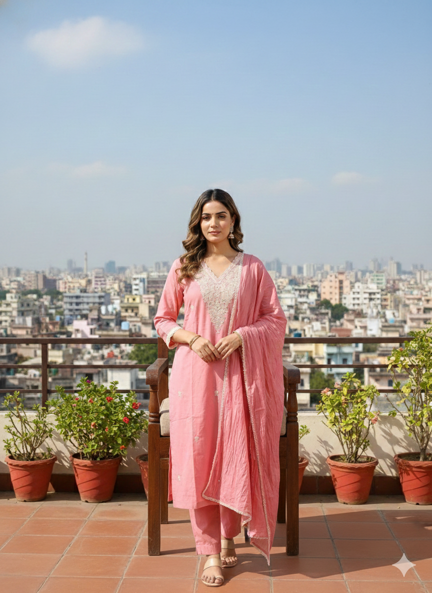 Women’s Pastel Pink Embroidered Kurti Pant Dupatta Set | Elegant Festive & Ethnic Wear Suit Set