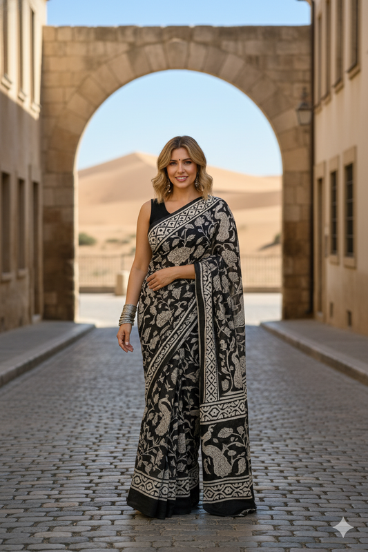 Black Cotton Hand Block Print Saree with Blouse – 5.5m Saree + 80cm Blouse Piece | Elegant Soft Lightweight Traditional Saree for Women