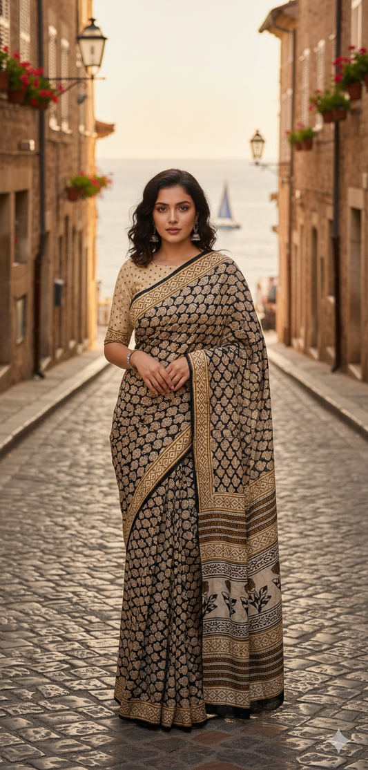 Black & Mustard Cotton Malmal Hand Block Print Saree with Blouse – 5.5m Saree + 80cm Blouse Piece | Soft Lightweight Traditional Saree for Women