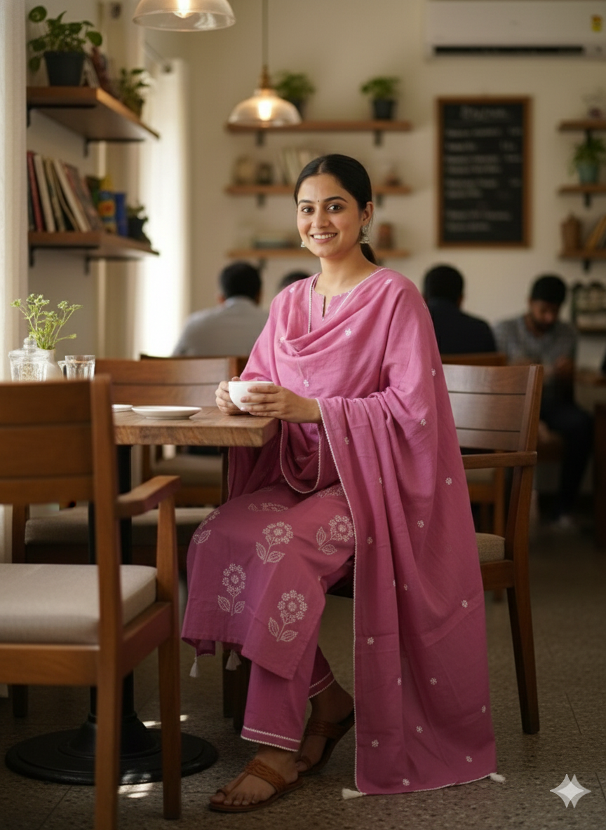 Women’s Pink Cotton Embroidered Kurti Pant Dupatta Set | Soft Summer Ethnic Suit Set