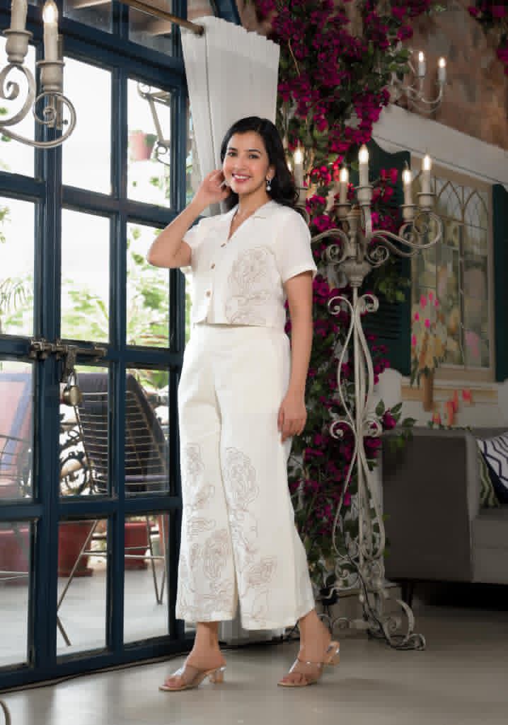 White Co-ord Set with Minimalistic Floral Embroidery
