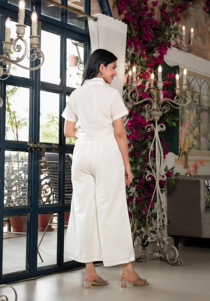 White Co-ord Set with Minimalistic Floral Embroidery