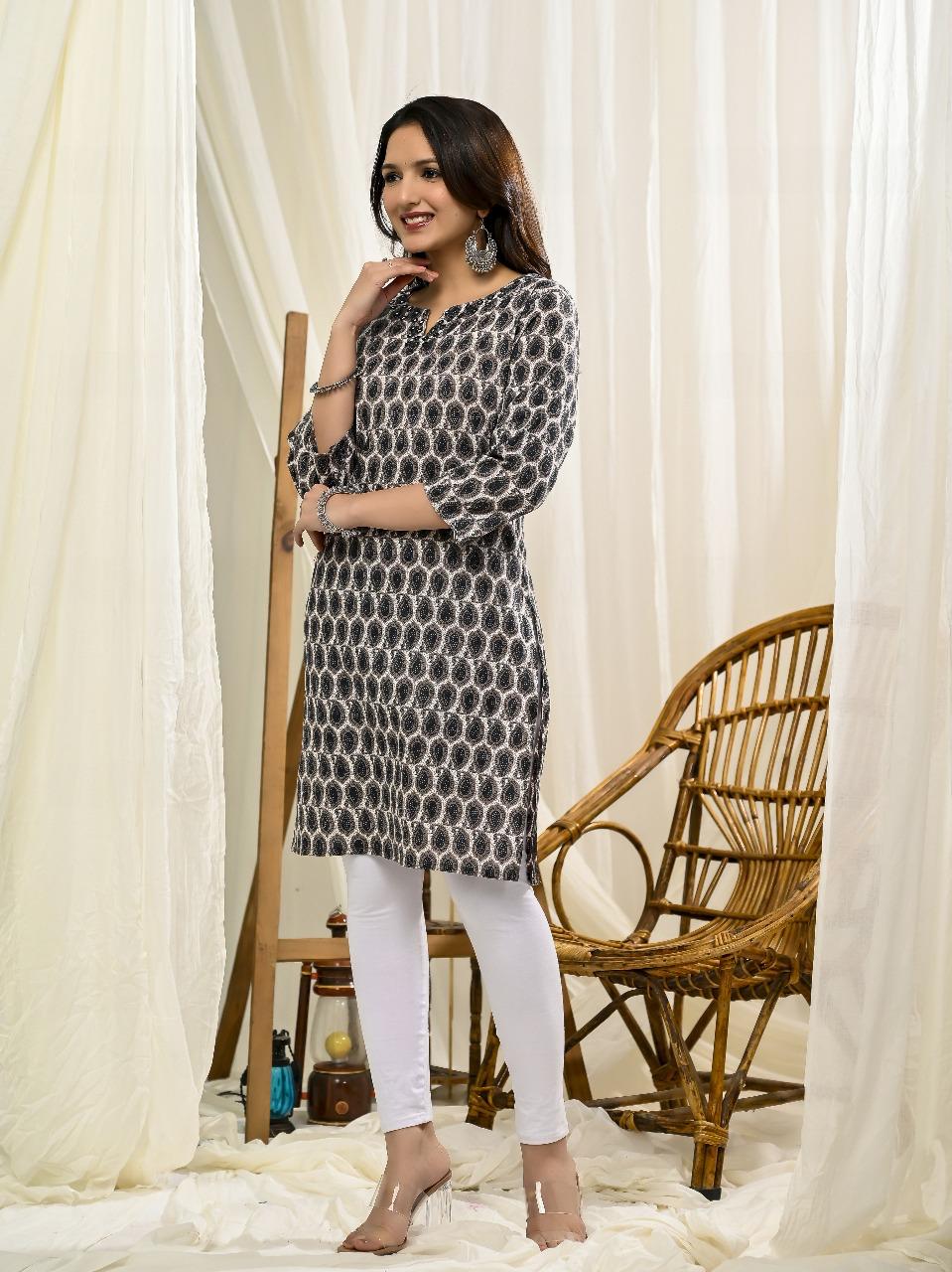 Black & White Printed Cotton Kurti