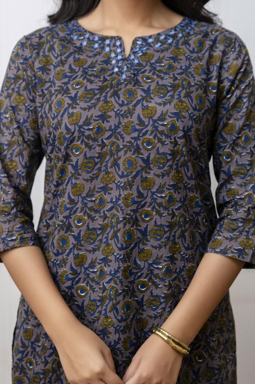 Elegant Blue & Gold Floral Printed Kurti for Women