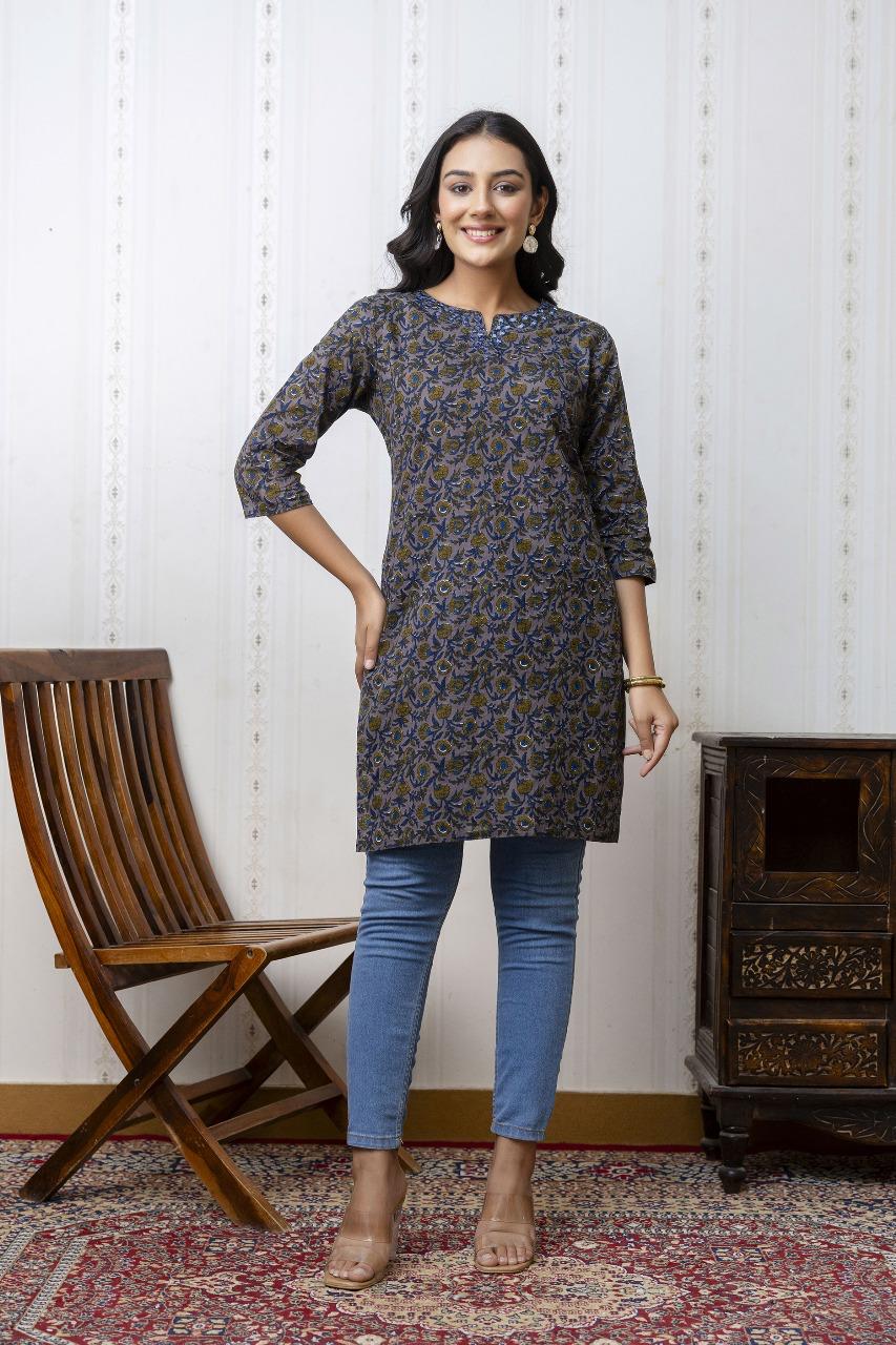 Elegant Blue & Gold Floral Printed Kurti for Women