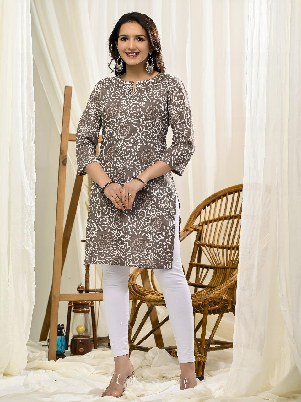 Elegant Grey & White Floral Printed Cotton Kurti for Women