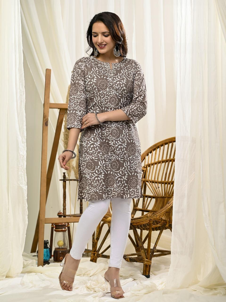 Elegant Grey & White Floral Printed Cotton Kurti for Women