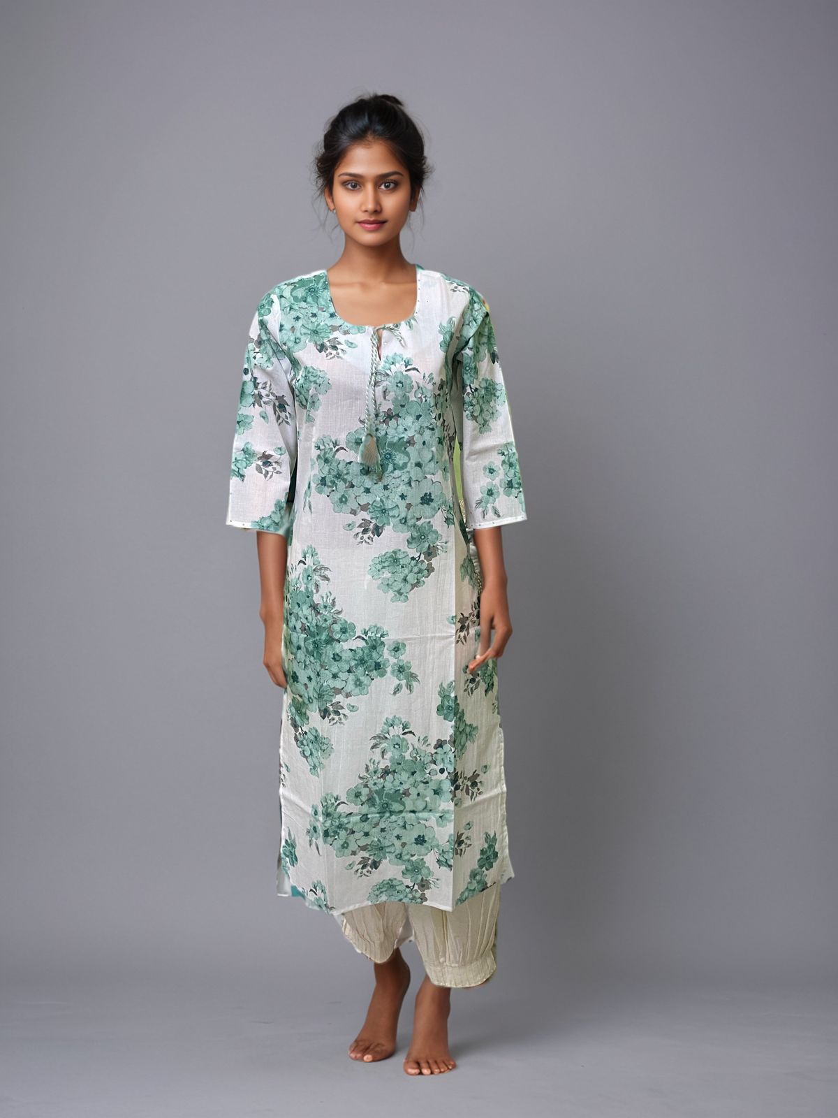 Serene White & Green Floral Hand-Block Printed Kurti