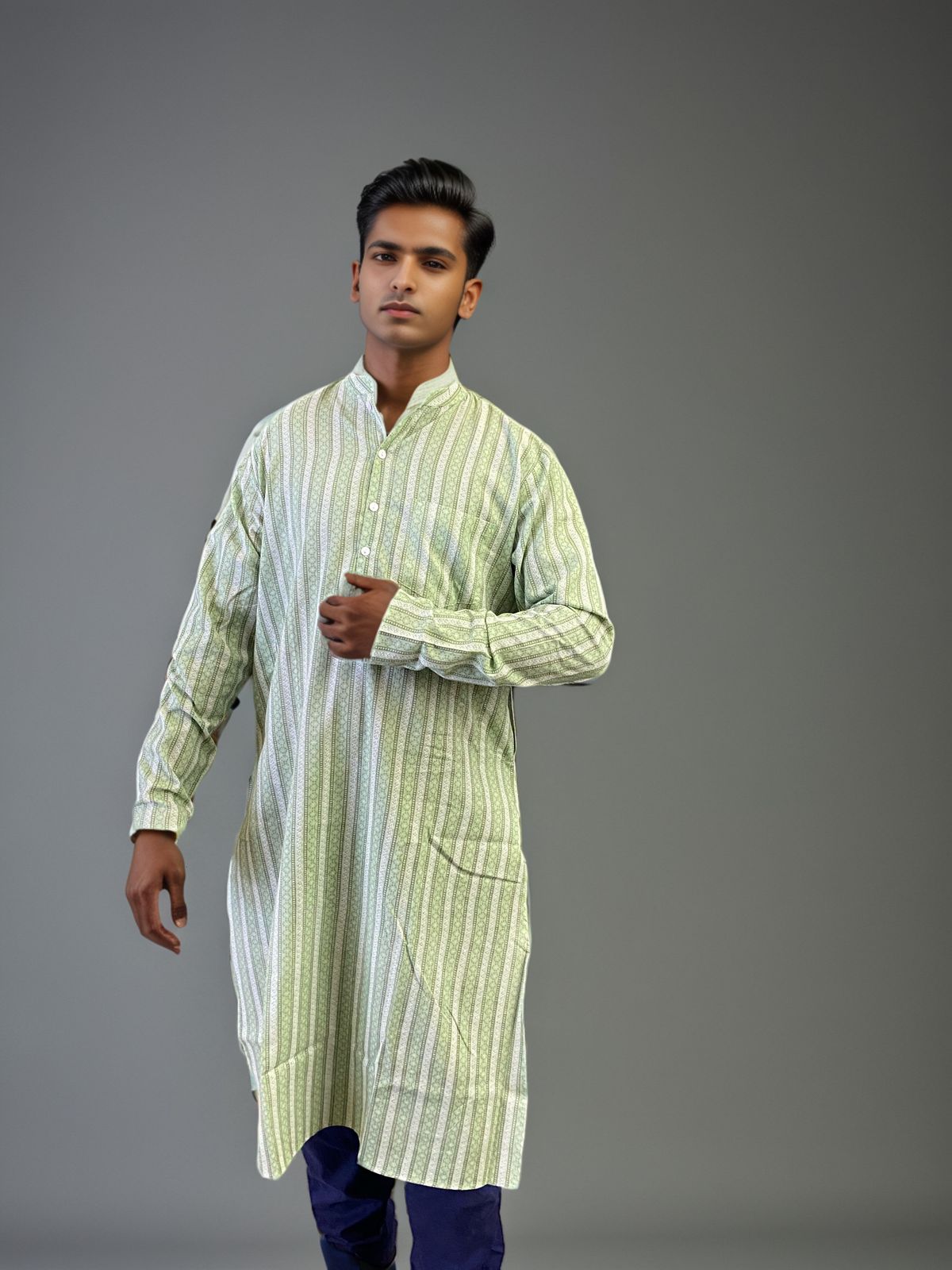 Men's Handblock Printed Cotton Kurta – Elegant Green Stripes