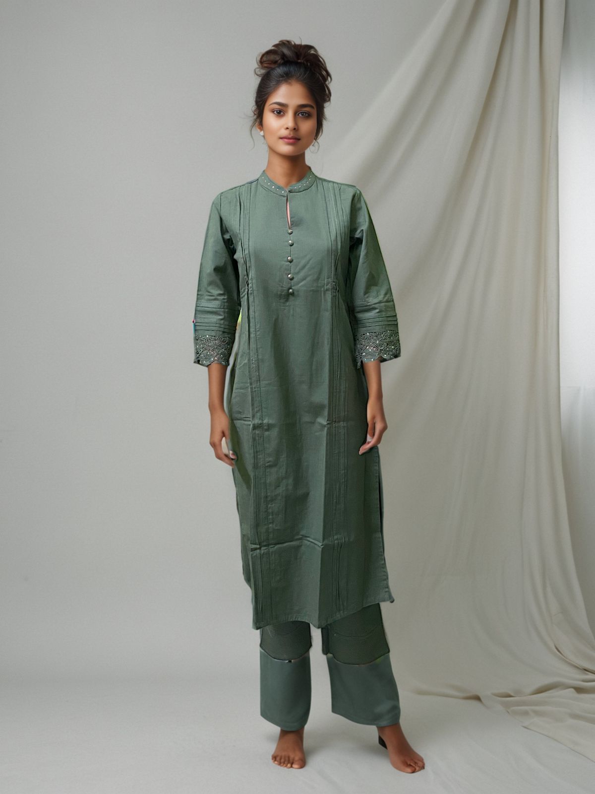 Olive Green Kurta Set with Embroidered Detailing