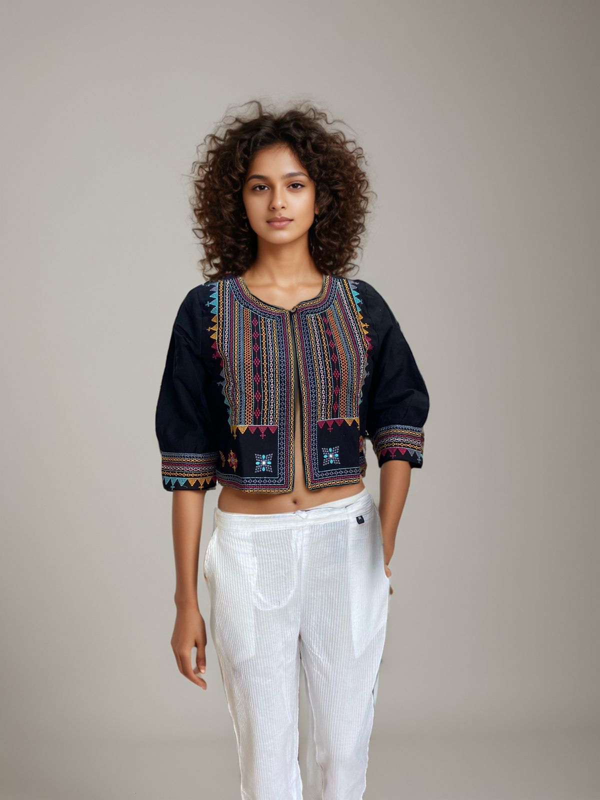 Crop Jacket with Intricate Embroidery BLACK