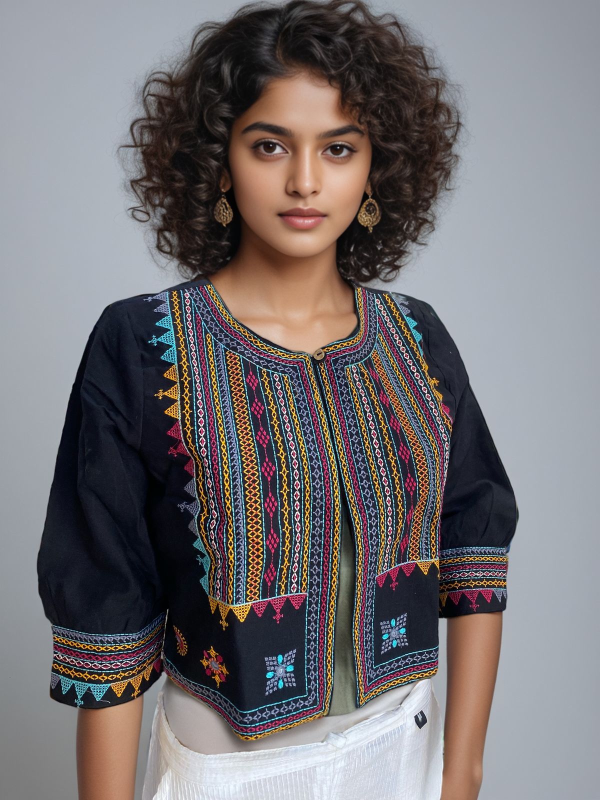 Crop Jacket with Intricate Embroidery BLACK
