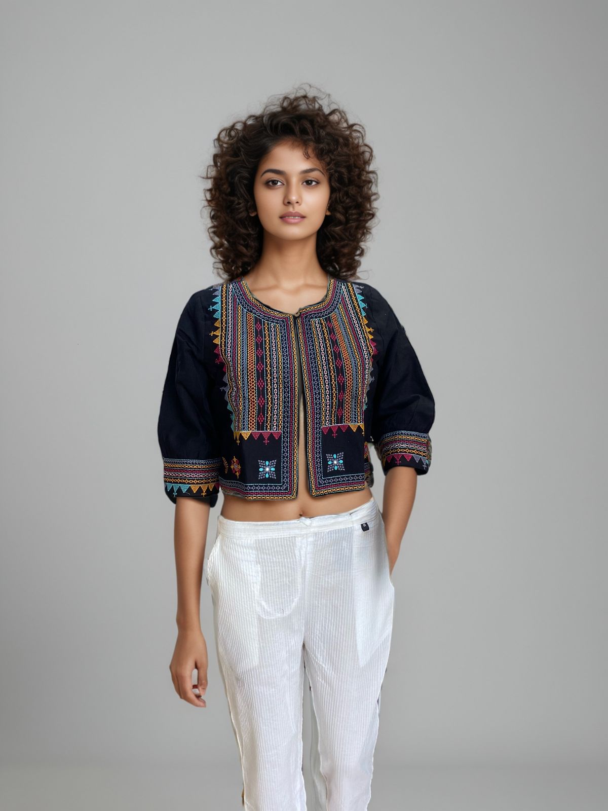 Crop Jacket with Intricate Embroidery BLACK