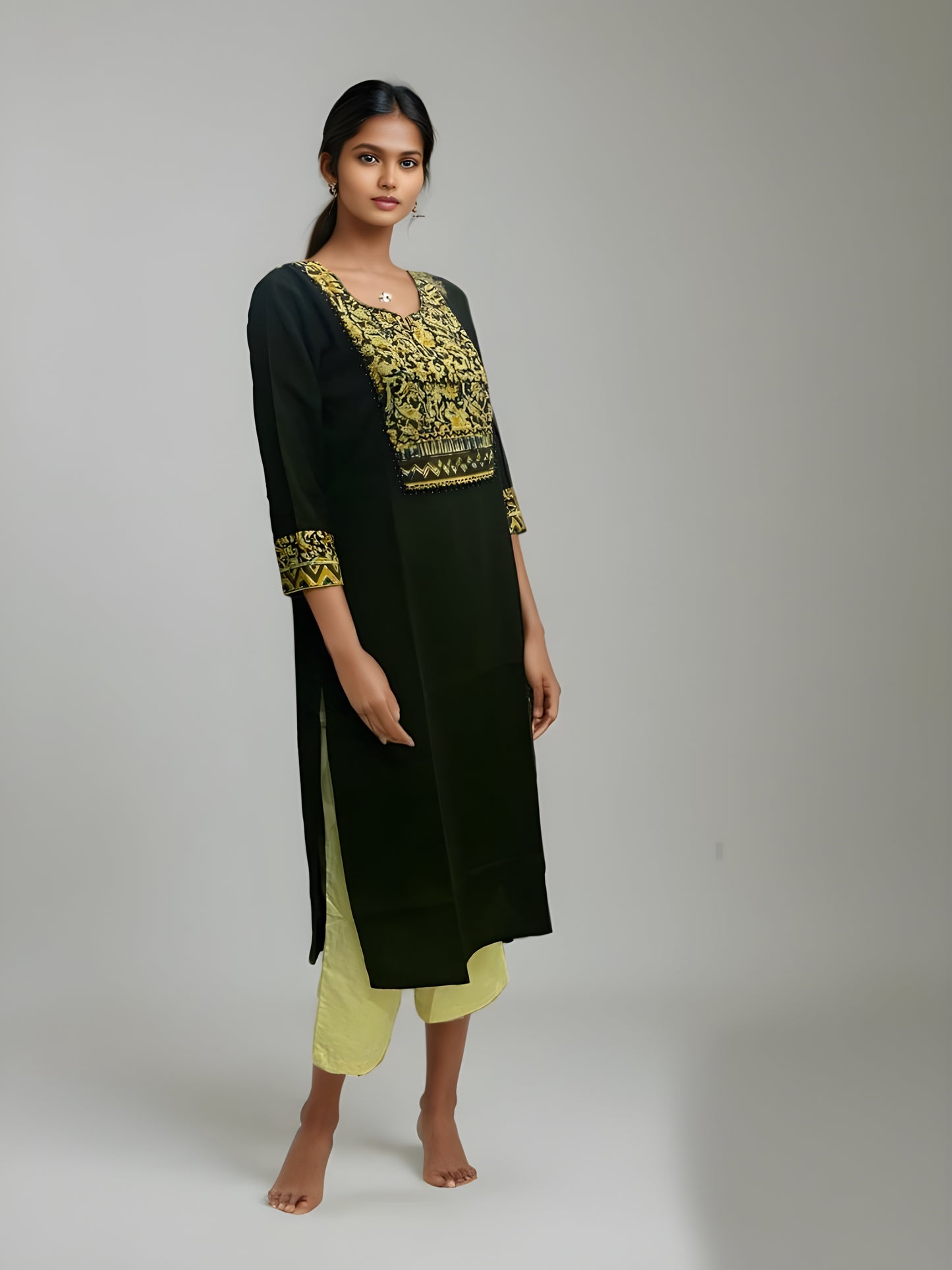 Natural Fab Girls' 100% Pure Cotton Black Kalamkari Print Kurti – Handcrafted Traditional Indian Ethnic Wear