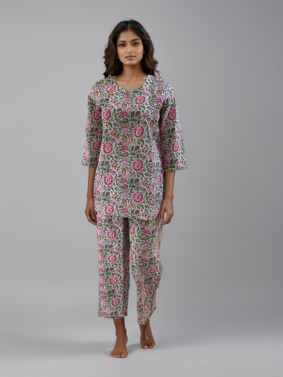 Women's Cotton Floral Printed Night Suit Set – Pink & Green