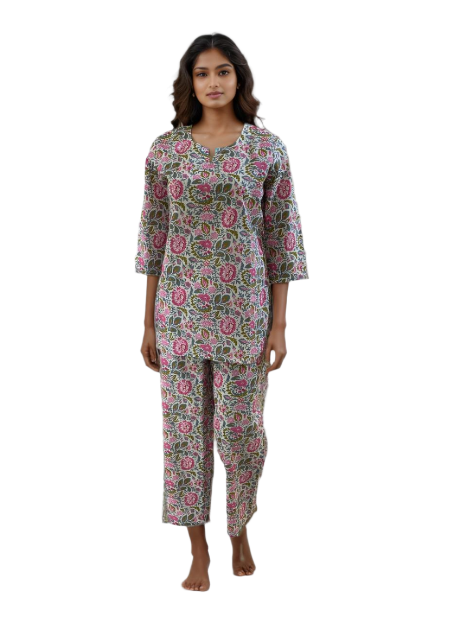 Women's Cotton Floral Printed Night Suit Set – Pink & Green