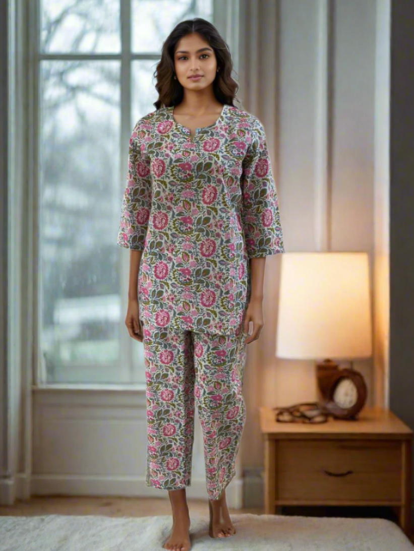 Women's Cotton Floral Printed Night Suit Set – Pink & Green