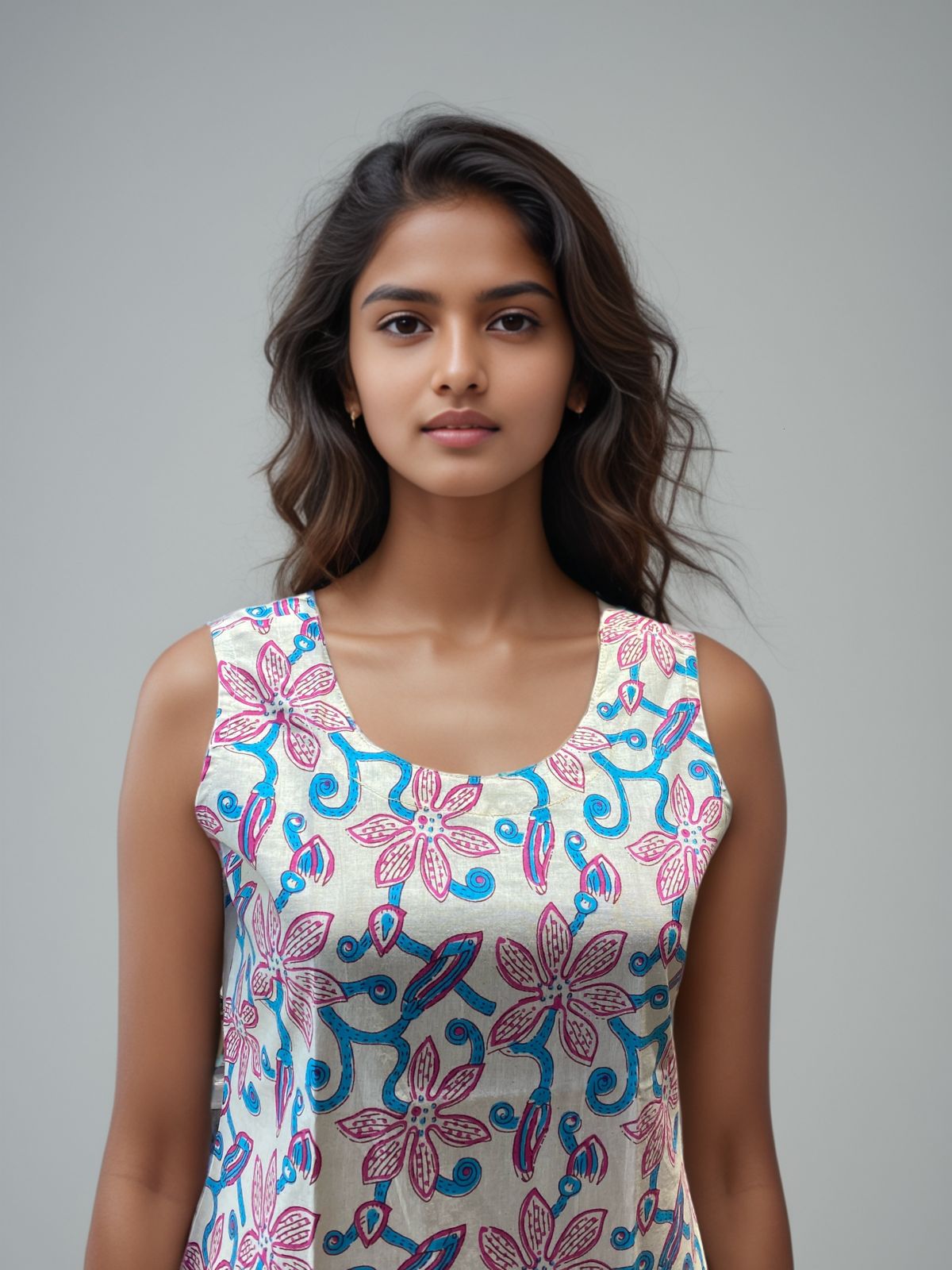 Off-White Sleeveless Multicolor Floral Embroidered Cotton Kurti
