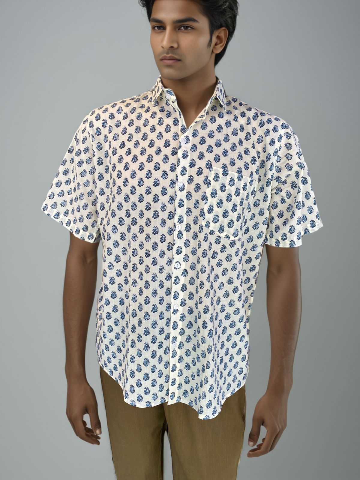 Men’s White Printed Cotton Shirt – Casual Short Sleeve with Blue Floral Motif