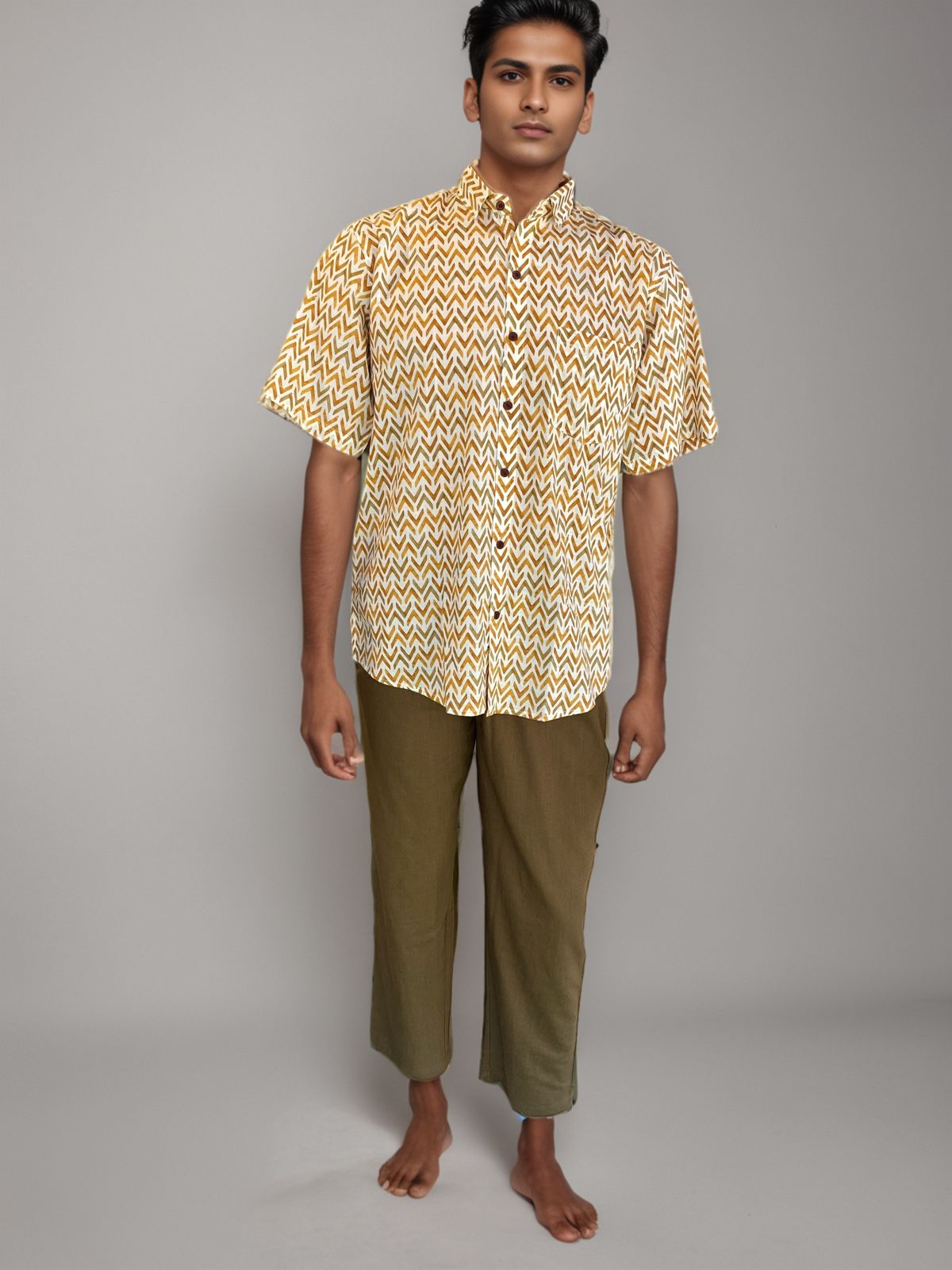Men’s Mustard Chevron Print Shirt – Short Sleeve Cotton Shirt for Casual & Smart Wear