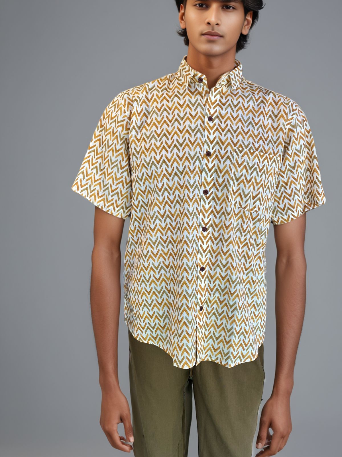 Men’s Mustard Chevron Print Shirt – Short Sleeve Cotton Shirt for Casual & Smart Wear