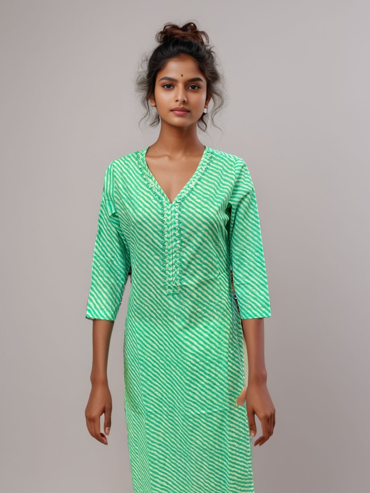 Emerald Waves 100% Cotton Embroidered Striped Kurti – Refreshing Everyday Ease