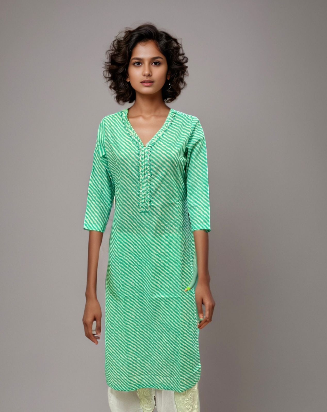 Emerald Waves 100% Cotton Embroidered Striped Kurti – Refreshing Everyday Ease