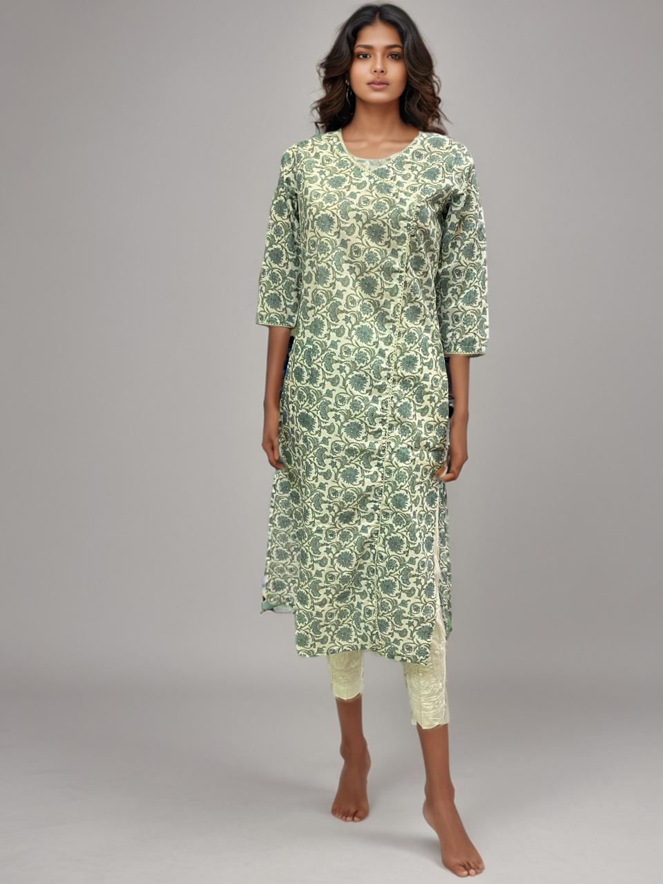 Serene Green 100% Cotton Block Print Kurti – Breathable Everyday Elegance