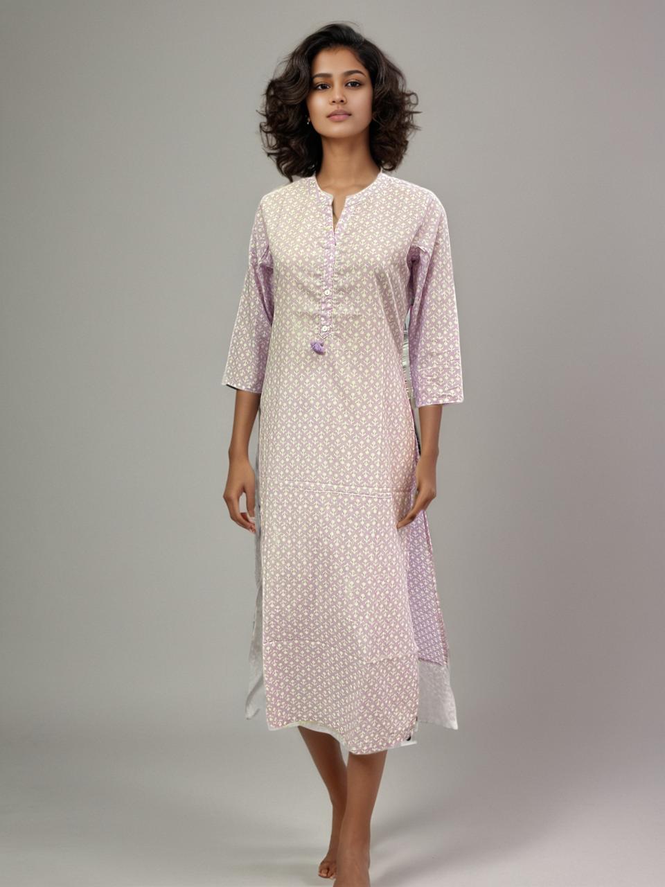 Lilac Whisper 100% Cotton Tassel Kurti – Effortless Comfort & Chic Style