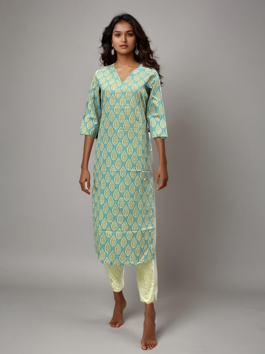 Mint Green Printed Straight Kurti with Golden Motifs