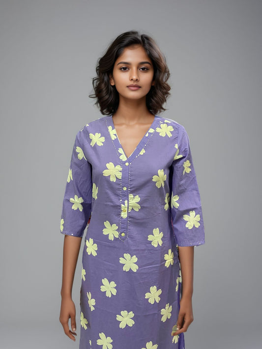 Lavender Floral A-Line Kurti with Embroidered Detailing