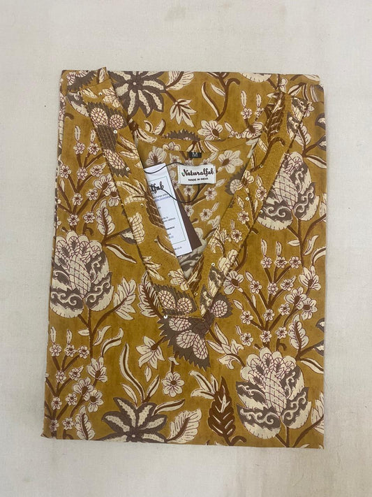 Handcrafted Mustard Brown Floral Kalamkari Cotton Kurti