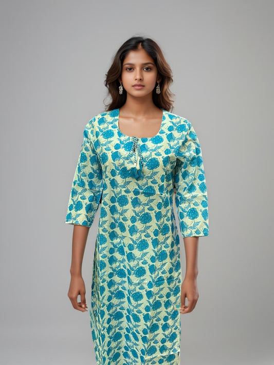 Aqua Blue Cotton Kurti with Elegant Floral Print – Comfortable & Stylish for Daily Wear