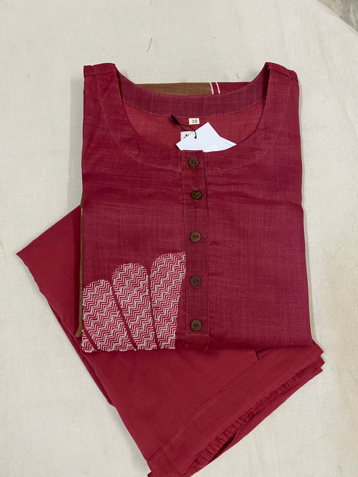 Maroon & Olive Green Handloom Kurti with Peacock Motif