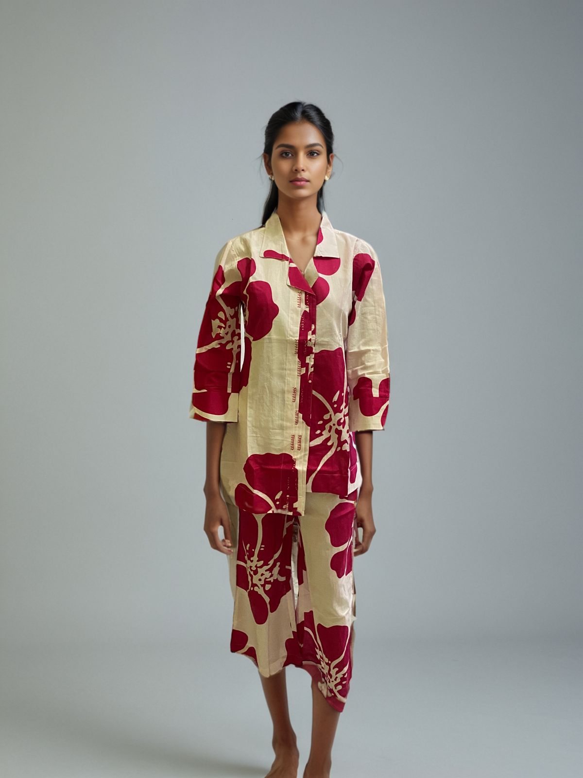 Beige & Crimson Abstract Floral Co-ord Set